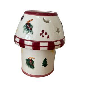 Vtg Christmas Ceramic Candle Holder w Shade Topper Moon Stars Candy Cane Tree